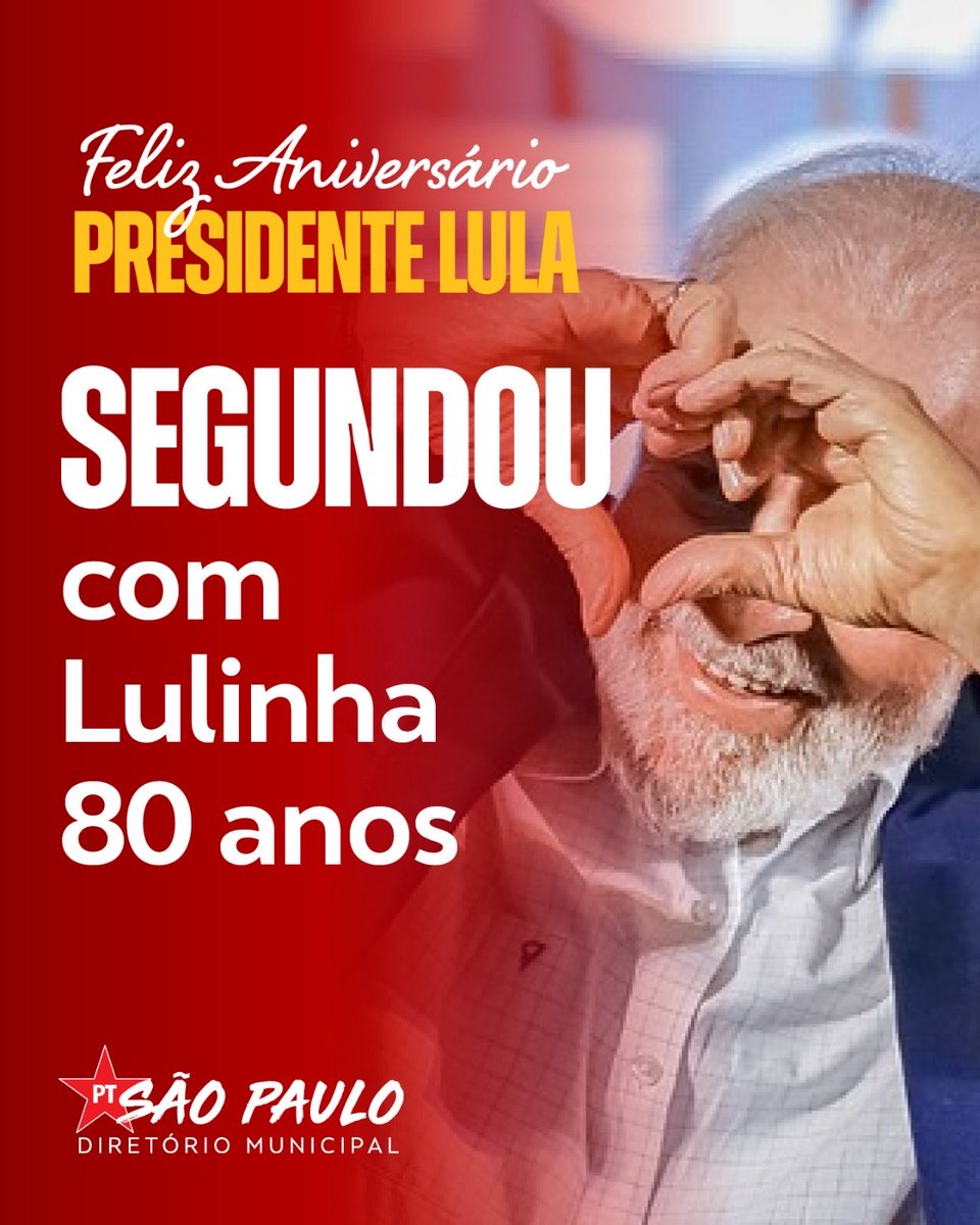 Bom dia! 
Segundou com Lulinha 80 anos.
Feliz aniversário, presidente <a href="/LulaOficial/">Lula</a> 

LULA TÁ DE PARABÉNS
PARABÉNS LULA
O BRASIL É MELHOR COM LULA