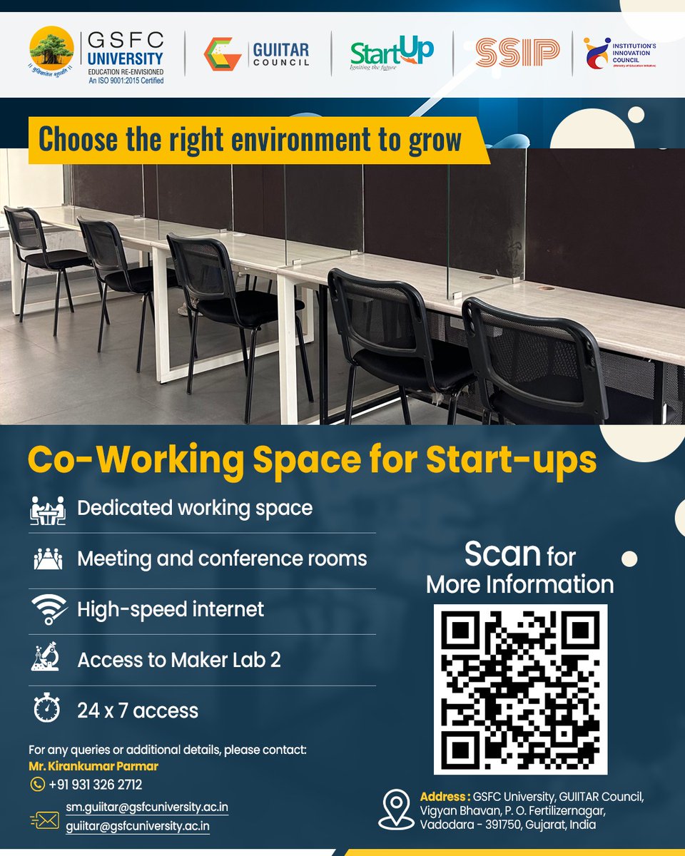 GSFCUniversity's tweet image. Welcome to the GUIITAR Council Co-Working Space at GSFC University — where ideas grow, collaborations spark, and ventures take flight!
Book now: forms.gle/bP3UtQp5nkG5pE…
#GSFCUniversity #GUIITAR #StartupEcosystem #InnovationHub #Entrepreneurship #CoworkingSpace #Vadodara
