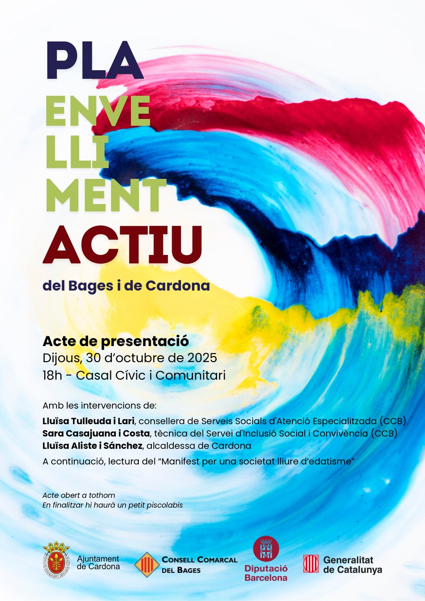 🧓Presentem el Pla d'Envelliment Actiu del Bages i de Cardona. Avui, a les 6 de la tarda, al Casal Cívic

🔊Amb l'alcaldessa <a href="/lluisa_aliste/">Lluïsa Aliste i Sanchez</a> i la consellera de Serveis Socials del <a href="/consellbages/">Consell Comarcal del Bages</a>. L'acte és obert a tothom