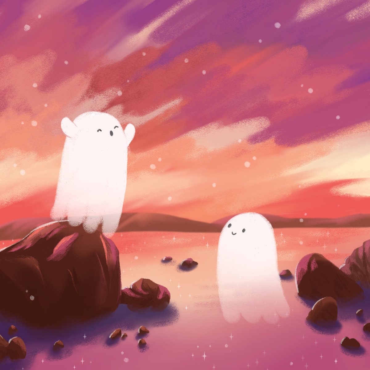 Le dernier de la mini-série, avec deux petits fantômes sous le coucher de soleil 👻

#GhostIllustration #digitalillustration #SpookyArt