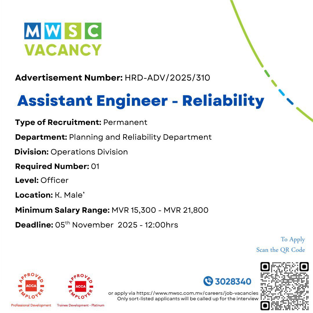 MWSC_Official's tweet image. Be a part of MWSC!               
Apply now: mwsc.com.mv/careers/job-va…
#TeamMWSC