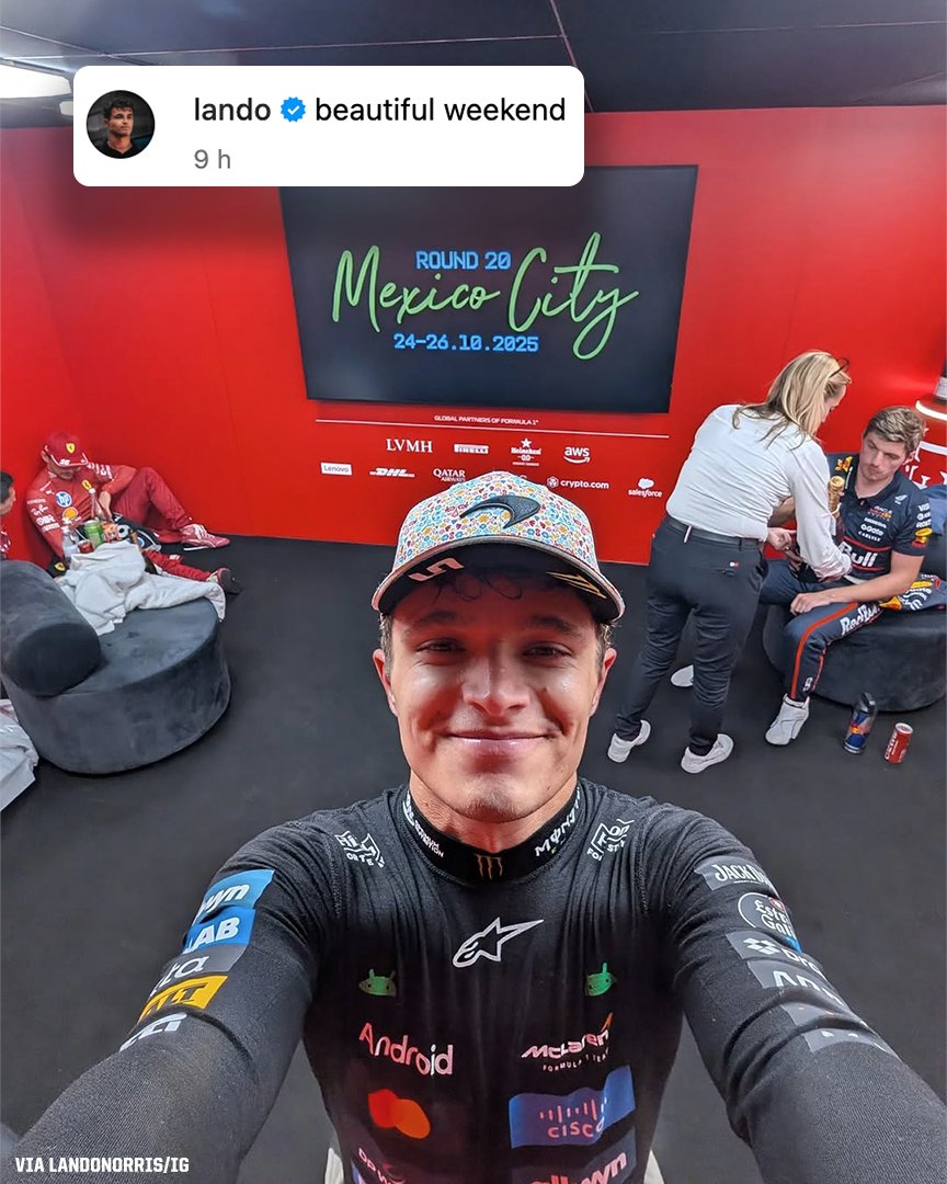 ESPNF1's tweet image. This selfie from Lando Norris after moving into first place in the Drivers&apos; Championship 😂