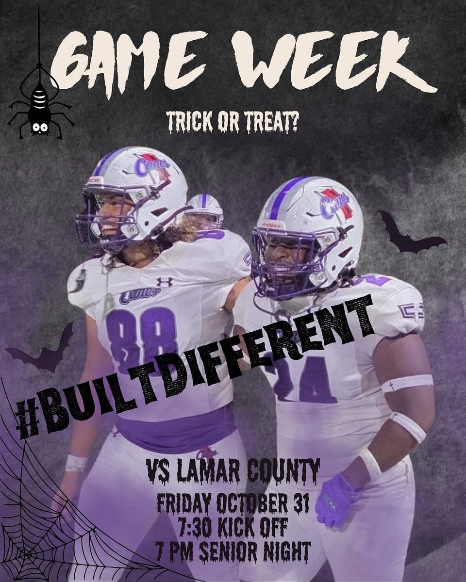 Game Week! Region title on the line. 

🆚 Lamar County Trojans
📆 October 31
⏰ 7:30
🏟️ Hurricane Field
🎟️ gofan.co/event/4070847

#BuiltDifferent #faMily #jk31