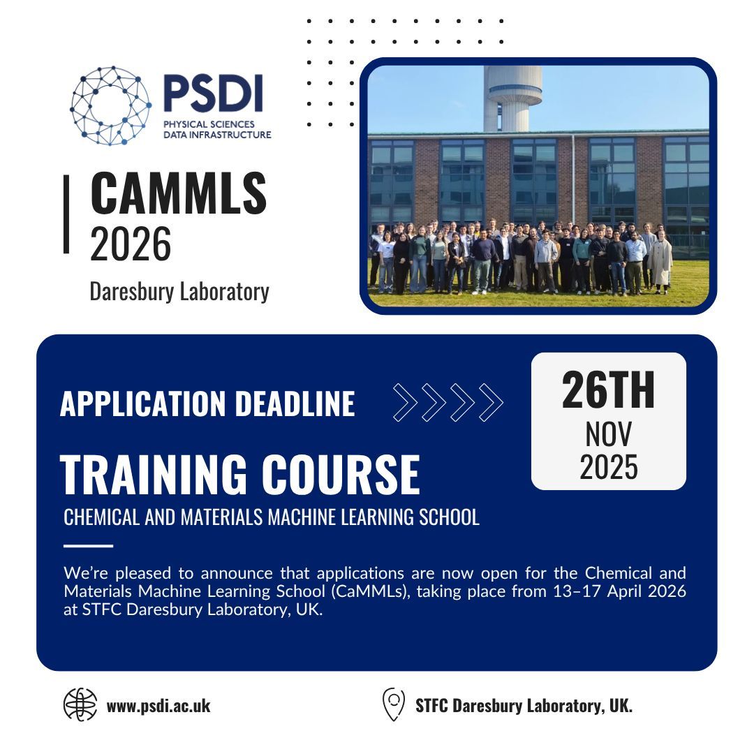 PSDI_UK's tweet image. This international training course—run in collaboration between PSDI and AIchemy, with support from STFC-SCD, CCP5, and CCP9—is designed for PhD students in the Materials and Molecular Simulations field who have coding experience but limited exposure to machine learning. A…