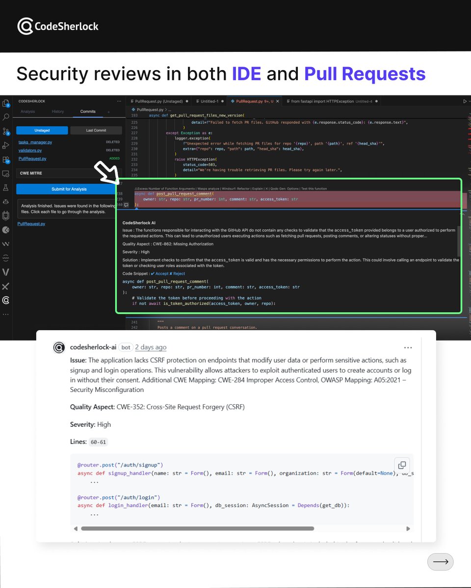 codesherlockai's tweet image. Focus on Shifting Left (Security)
Stop waiting for security audits. Start building security in.

CodeSherlock automates OWASP Top 10 and CWE scanning right inside your PRs and IDE. AI-powered reviews catch vulnerabilities at the commit level.

No more fire drills. Just continuous…