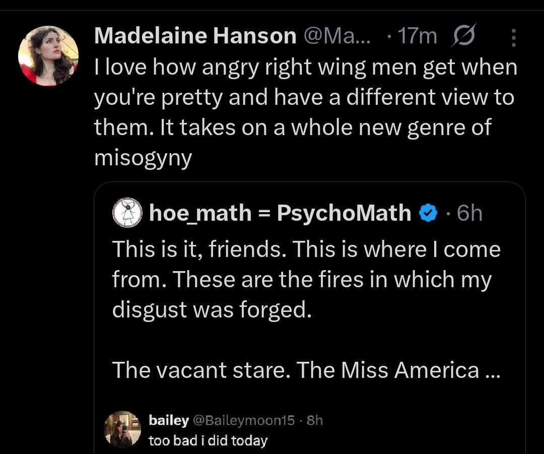 "when you're pretty and have a different view"

This is actually seriously what happens in their minds. They cannot process the results of different ideologies any further than "I have an idea and you have an idea so we are equal," (like kindergarten) and then they look for what