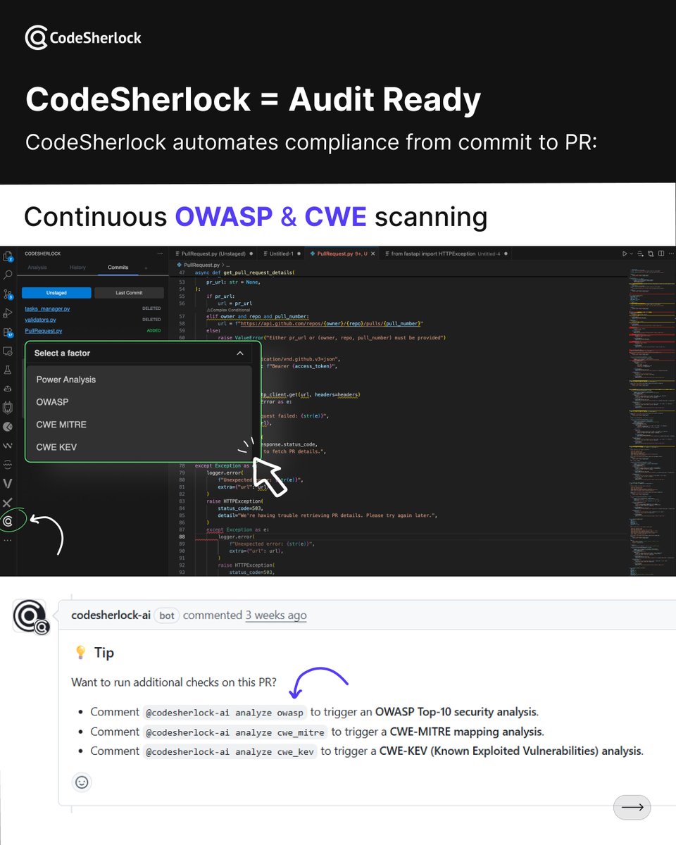 codesherlockai's tweet image. Focus on Shifting Left (Security)
Stop waiting for security audits. Start building security in.

CodeSherlock automates OWASP Top 10 and CWE scanning right inside your PRs and IDE. AI-powered reviews catch vulnerabilities at the commit level.

No more fire drills. Just continuous…