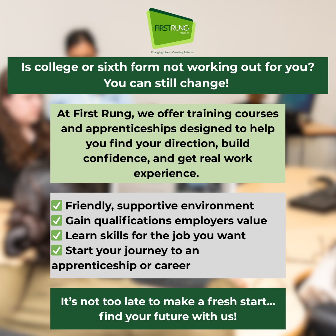 ✨ Not everyone’s path is the same and that’s okay!

Explore hands-on training and apprenticeships that help you build real skills for your future.

Contact Sabreena on 07495 464797 or email her at svalydon@firstrung.org.uk for more information!

#FirstRung #Apprenticeships