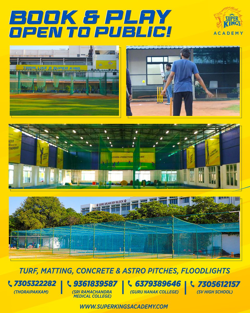 Who says cricket’s only for weekends?
Our facilities are open on weekdays too! 😉

#SuperKingsAcademy 🏏#TrainLikeASuperKing 🦁
#Cricket #TurfBookings #Nets

(SKA, Cricket, Sports, Turf, Nets)