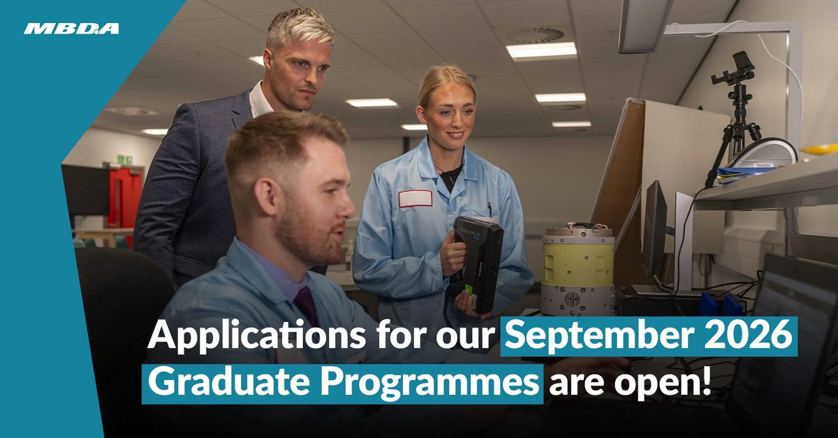 MBDA_UK's tweet image. Only 1 week left to apply for our Sept 2026 #GraduateProgrammes

Gain experience by working on cutting-edge projects across a range of functions.

⚠️ Our Business &amp;amp; Finance #Apprenticeship roles also close on 3 Nov!

➡️ Learn more and apply: fcld.ly/gfqu8qc 
#MBDACareers