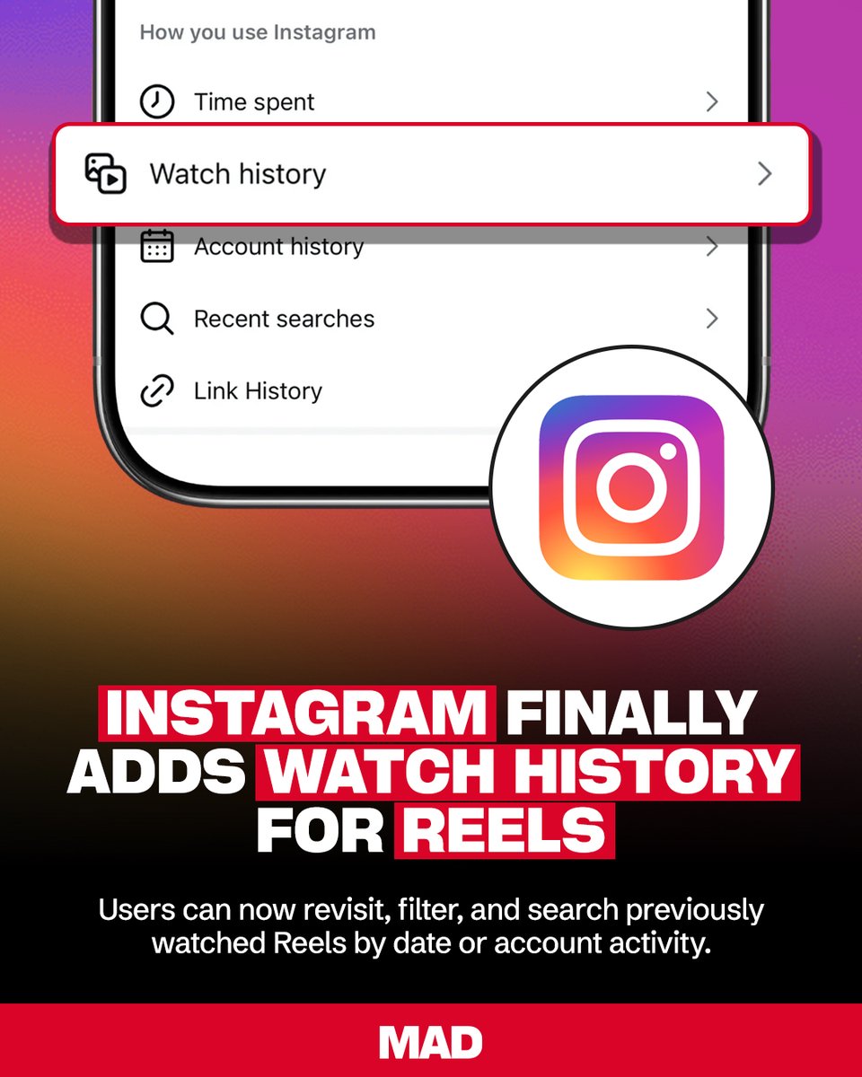 mobileappdaily's tweet image. Ever forgot that one reel you loved but couldn’t find again? Instagram’s got you, Watch History is here!