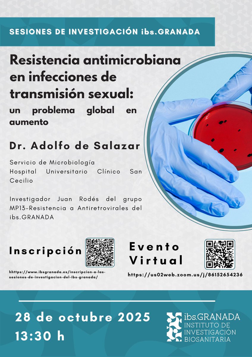 📣¡Mañana no faltes a la sesión de investigación del #ibsGRANADA 📆28OCT ⌚13:30h sobre Resistencia antimicrobiana en #ITS un problema global en aumento por <a href="/adolss/">Adolfo de Salazar</a> !

🔗ibsgranada.es/events/resiste…

@canalugr @easpsalud @granadaessalud <a href="/hospital_hvn/">HUVN</a> <a href="/clinicogranada/">Hospital Universitario Clínico San Cecilio</a> #SomosGranadaSalud