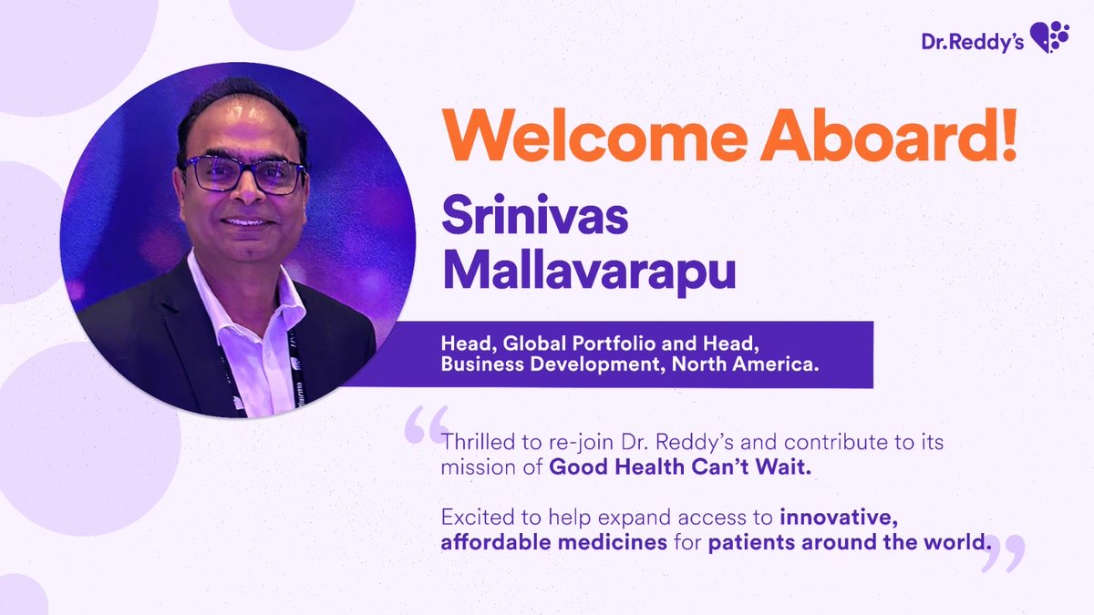 We welcome back Srinivas Mallavarapu to the Dr. Reddy’s family as Head, Global Portfolio and Head, Business Development, North America. 

Here’s to shaping a healthier tomorrow, because Good Health Cant Wait.

#Leadership #LeadershipWithPurpose #DrReddys #WeAreDrReddys