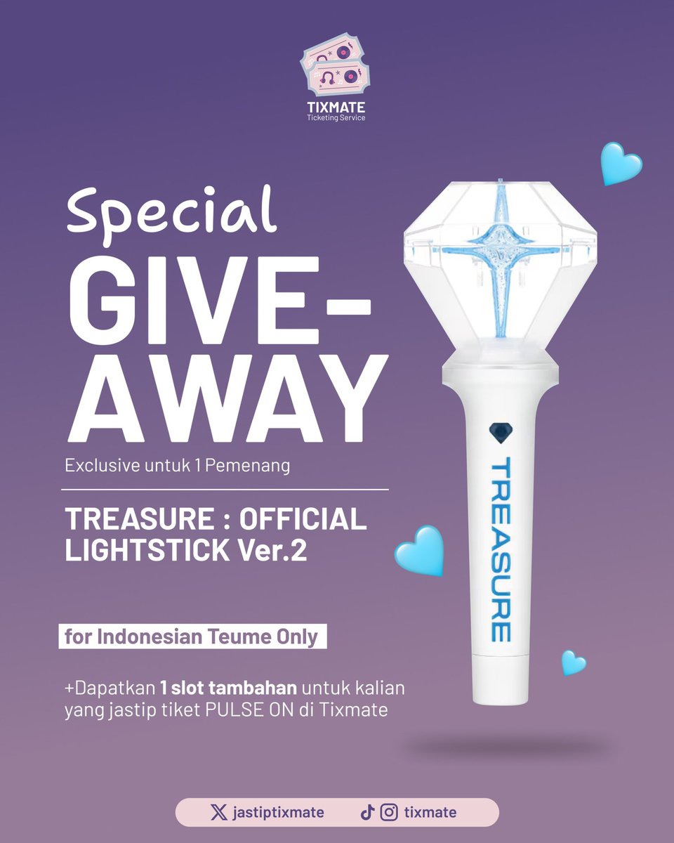 jastiptixmate's tweet image. GIVEAWAY TREASURE: OFFICIAL LIGHTSTICK VER 2

OPEN FOR PUBLIC✨
+1 slot bagi yg jastip tiket Pulse On di Tixmate

📌S&amp;amp;K :
1. Follow sosial media Tixmate
2. ⁠RT/Like
3. Mention 3 orang teman
4. Submit Form : bit.ly/GiveawayTreasu…

🗓️Pengumuman: TBA

Lots of Luck, Teume🩵