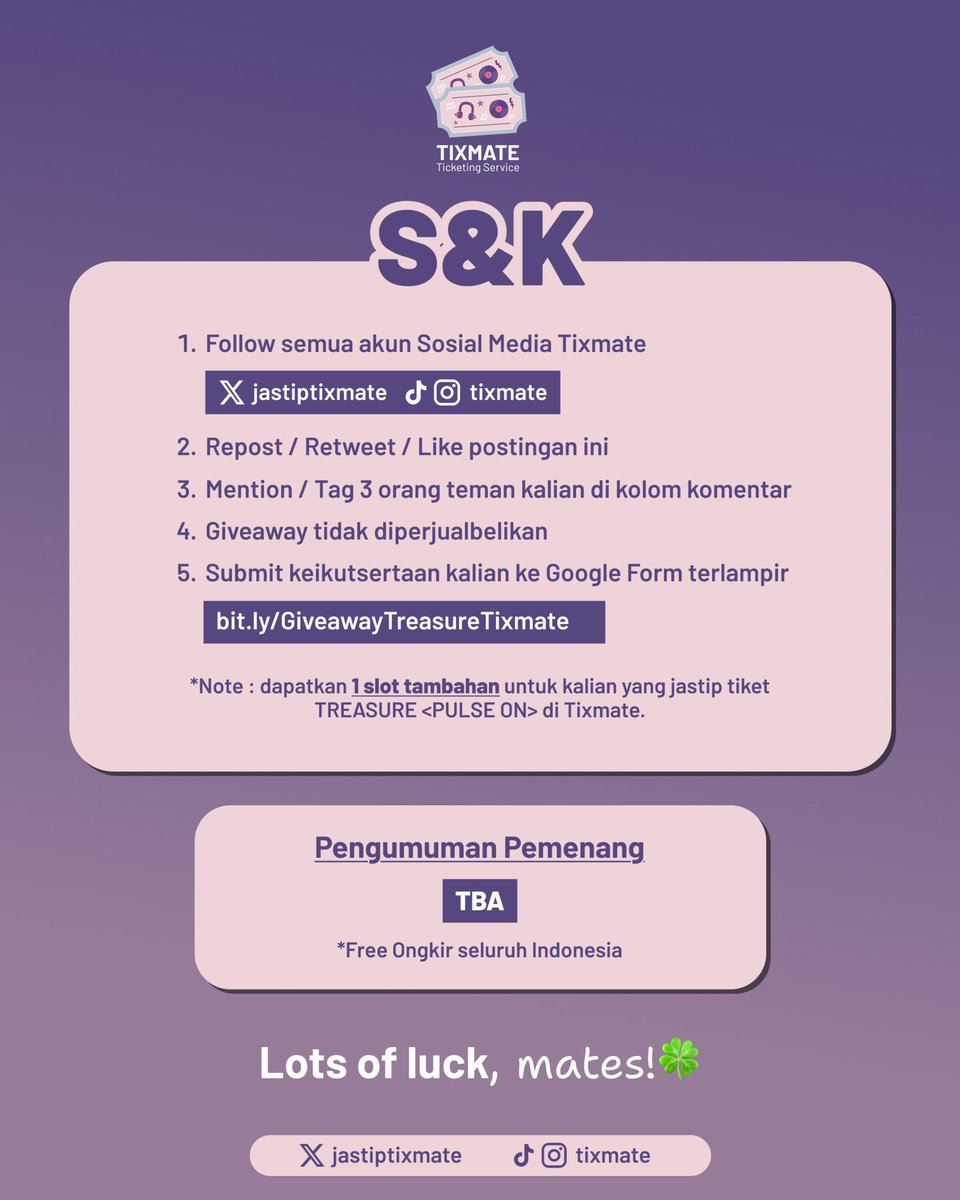 jastiptixmate's tweet image. GIVEAWAY TREASURE: OFFICIAL LIGHTSTICK VER 2

OPEN FOR PUBLIC✨
+1 slot bagi yg jastip tiket Pulse On di Tixmate

📌S&amp;amp;K :
1. Follow sosial media Tixmate
2. ⁠RT/Like
3. Mention 3 orang teman
4. Submit Form : bit.ly/GiveawayTreasu…

🗓️Pengumuman: TBA

Lots of Luck, Teume🩵