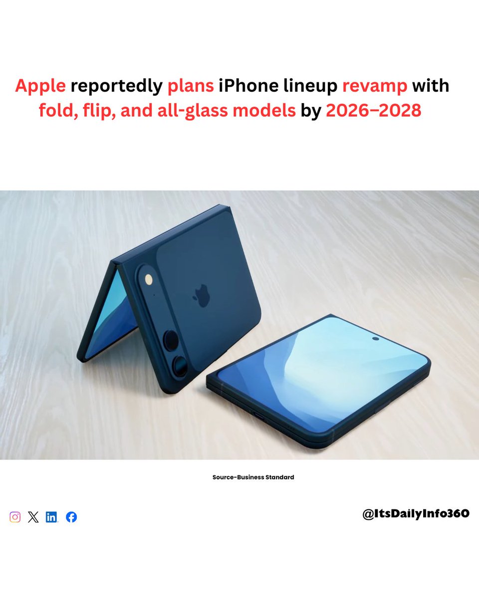 ItsDailyInfo360's tweet photo. Apple is gearing up for a massive iPhone transformation! 
From book-style foldable to flip-style and even a bezel-free all-glass iPhone, Apple is reportedly planning three futuristic models lined up between 2026–2028. More power, more style &amp; more innovation coming soon! https://t.co/Hz8xi3popY