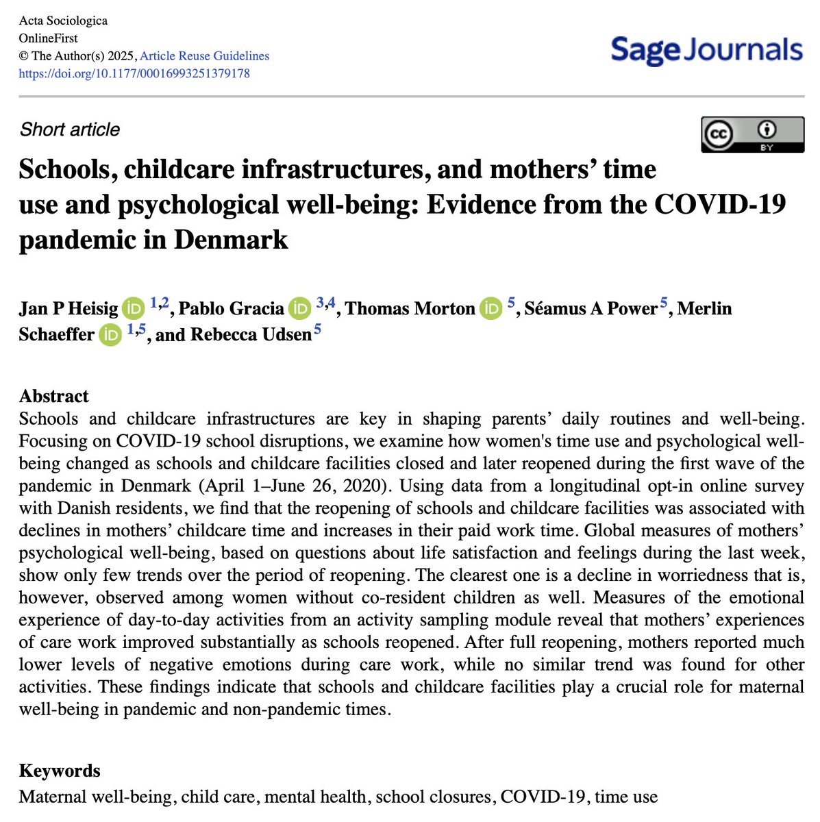 🆕Paper in <a href="/ActaSocJournal/">Acta Sociologica</a>!

How did school/childcare reopening during COVID-19 impact mothers’ time use and well-being in 🇩🇰?

- Care work time declined / Paid work time increased
- Less stressed, worried &amp; lonely during care work.

study #openaccess👇
journals.sagepub.com/doi/full/10.11…