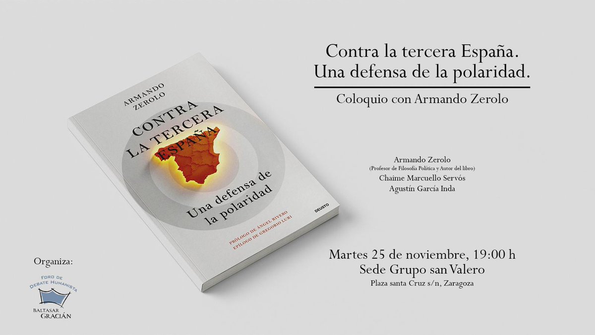El martes 25 de noviembre, a las 19h. en la sede del Grupo san Valero disfrutaremos de la conversación entre <a href="/azeroloduran/">Armando Zerolo Durán</a>, <a href="/chaimemarcuello/">Chaime Marcuello</a> y <a href="/aginda67/">Agustín García</a> a propósito de "Contra la tercera España". ¡No se lo pierdan! <a href="/EdicionesDeusto/">Ediciones DEUSTO</a> <a href="/_usj_/">Universidad San Jorge</a> <a href="/CulturaUsj/">Cultura USJ</a>