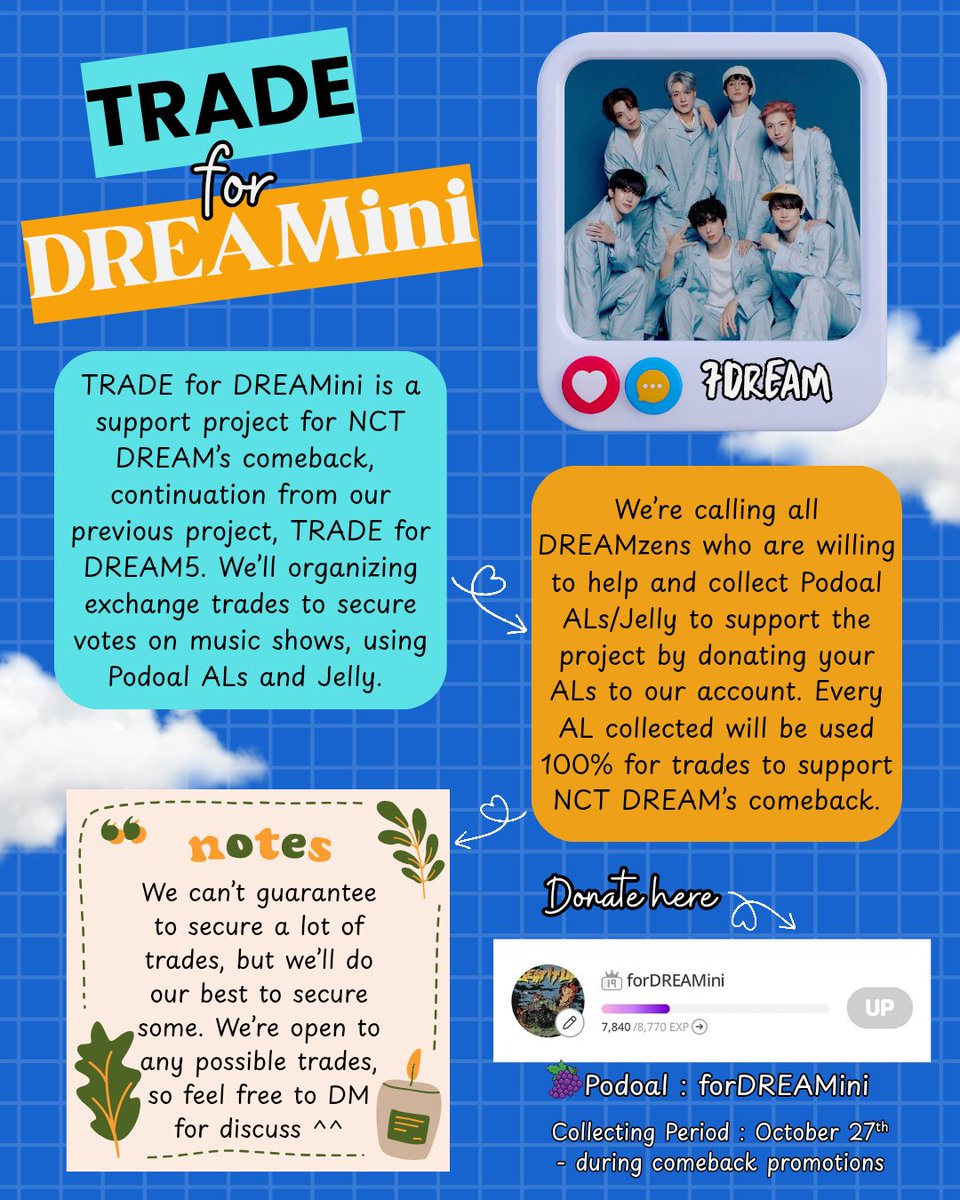 TRADE for DREAM is back!!!🥳🥳🥳 

For this comeback you can call it #TRADEforDREAMini. You can donate your Podoal ALs to our account. Every bit helps means a lot to 7DREAM!🩵

Feel free to DM if you have any questions or want to know more details about the project🥰
