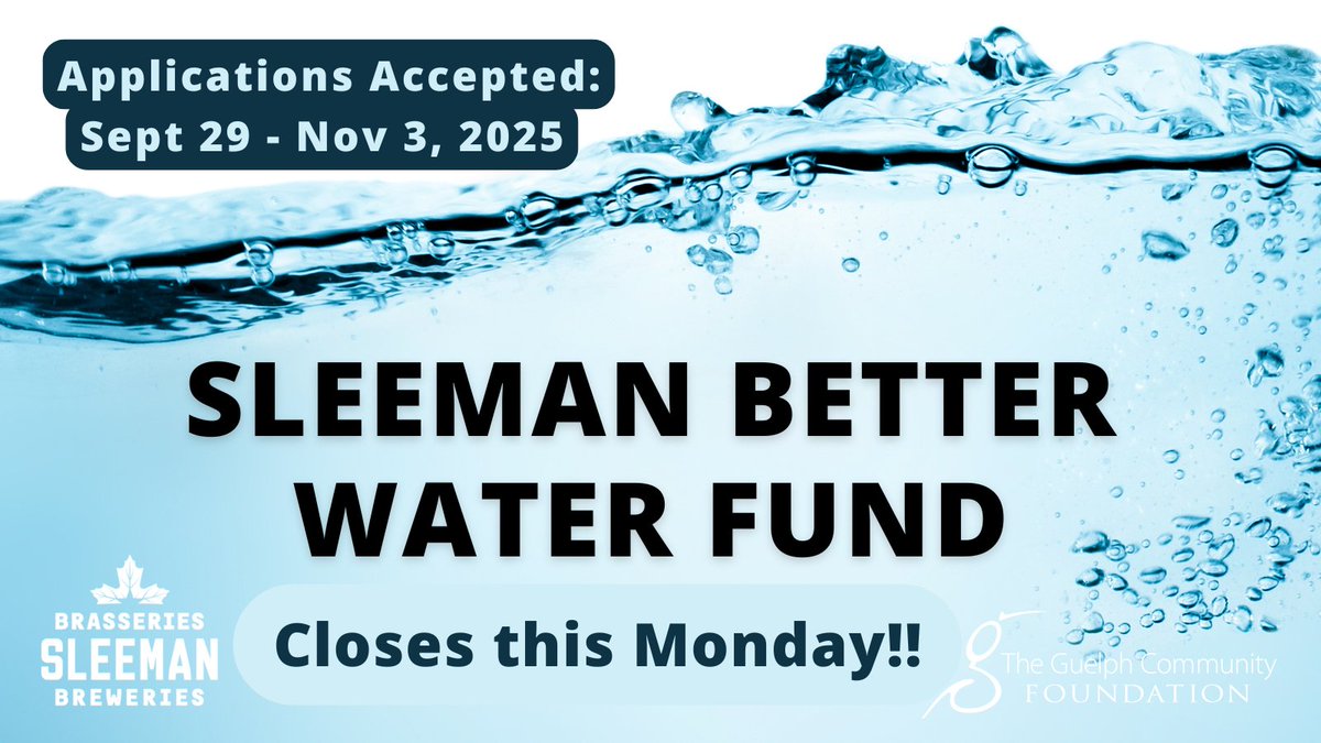 The Sleeman Better Water Fund closes THIS MONDAY! 💧This  grant supports Canadian charities focused on responsible water use or accessibility of clean water in communities. Requests are up to $40,000 per application. 

For details check our webpage👉 guelphcf.ca/sbwf-2026/