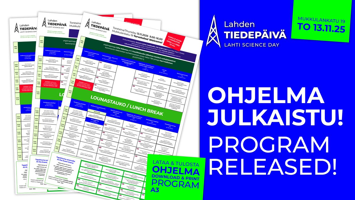 Tiedepäivän OHJELMA on julkaistu!  🇬🇧 The PROGRAMME for Lahti Science Day has been published!lahdentiedepaiva.fi 
Avoin ja maksuton kaikille. 🇬🇧 Open to everyone and free of charge.

#LahdenTiedepäivä #lahtionkorkeakoulukaupunki #tiedekuuluukaikille #LahtiScienceDay #Lahti