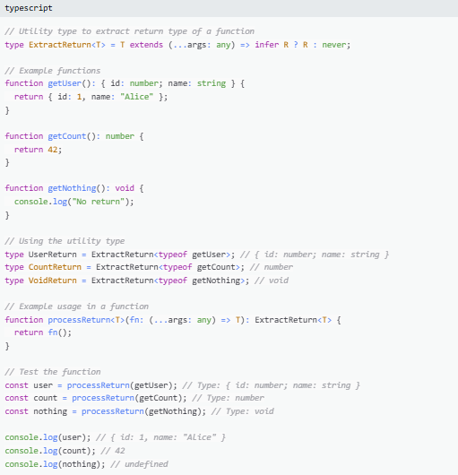 iamanuragsarkar's tweet image. TypeScript :- Use conditional types with infer for dynamic type extraction any function.
 #TypeScript #javascriptlearning