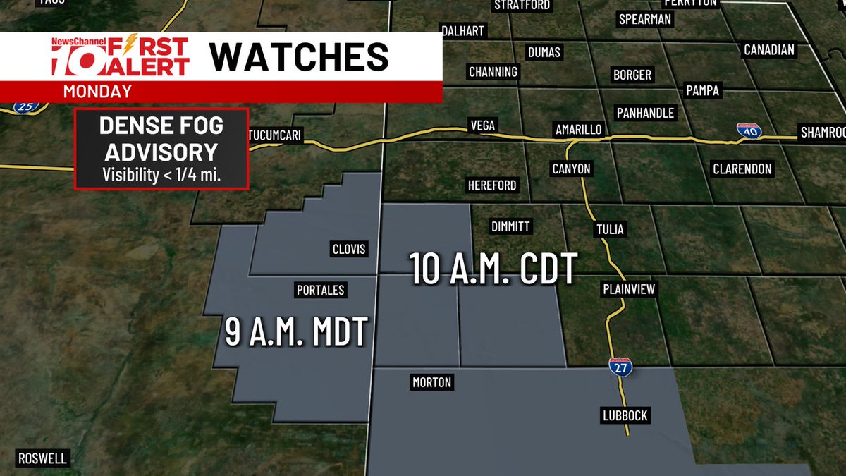 We're seeing widespread patchy fog across the region this morning, but it's especially dense to the southwest! A Dense Fog Advisory has been issued until 10 a.m. CDT this morning, so expect limited visibility to continue for a few more hours. #txwx #nmwx