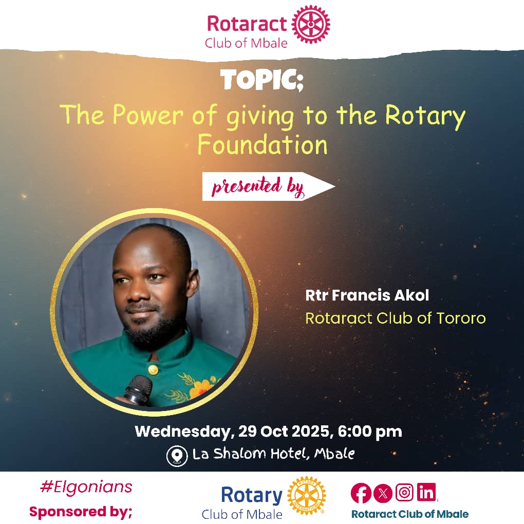The Rotary Foundation's work is to transforms our gifts into service projects that change lives both close to home and around the world.
Join us this Wednesday,for our informative fellowship about TRF 

📍La-Shalom Hotel,Mbale
🗓️ Wednesday , Oct 29th | 6:00PM