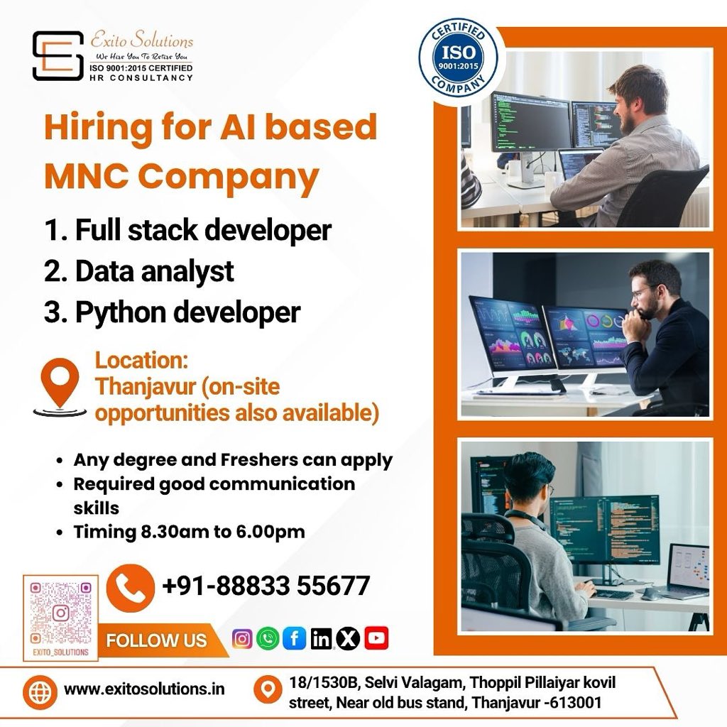exitoashwin's tweet image. RING FULL STACK DEVELOPER 
CALL 8883355677
#exitosolutions #thanjavur #fullstack #dataanalyst #webdeveloper #tamil