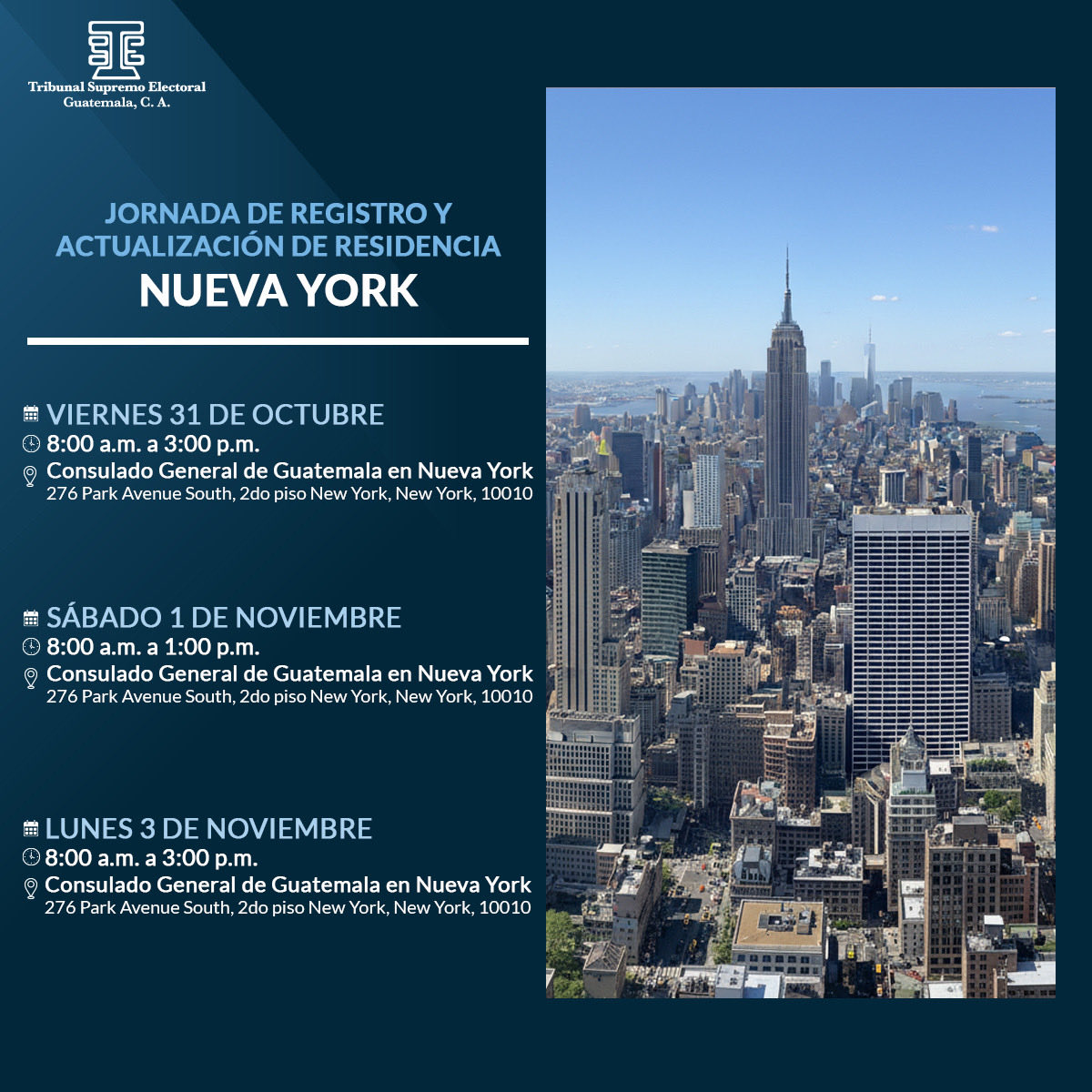 Si resides en Nueva York te invitamos a registrarte o actualizar tus datos para votar desde el extranjero. 

Si conoces a más guatemaltecos, infórmales que pueden dirigirse a:

✅ Consulado General de Guatemala en Nueva York
📍 276 Park Avenue South, 2do piso New York, New York,