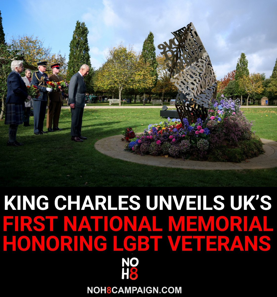 King Charles unveiled the United Kingdom’s first national memorial honoring LGBT veterans, recognizing those who were banned from serving in the armed forces due to their sexuality or gender identity #NOH8