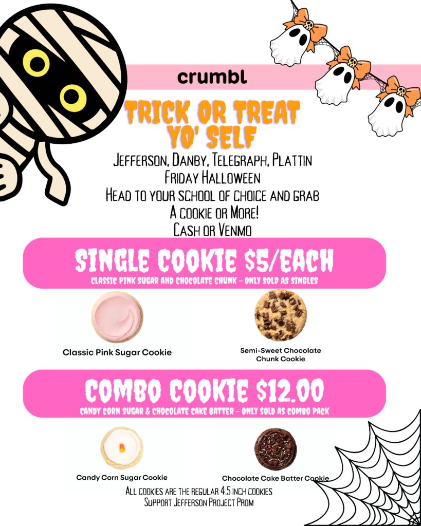 Project Prom will be selling Dirty Sodas during Advisory &amp; Lunch this Friday at the High School. They will accept payments in cash and Venmo.

Today is last day to pre-order your Crumbl cookie! Available through drop off line only on Friday.

Happy Halloween!🎃👻