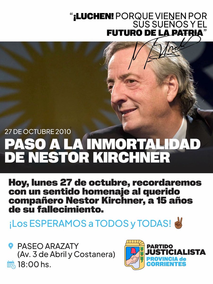 A 15 años del paso a la inmortalidad de Néstor Kirchner

Hoy rendimos homenaje a quien marcó un camino de coraje, convicción y amor por la Patria.

Néstor nos enseñó que la política es la herramienta para transformar realidades y devolverle la esperanza al pueblo argentino.