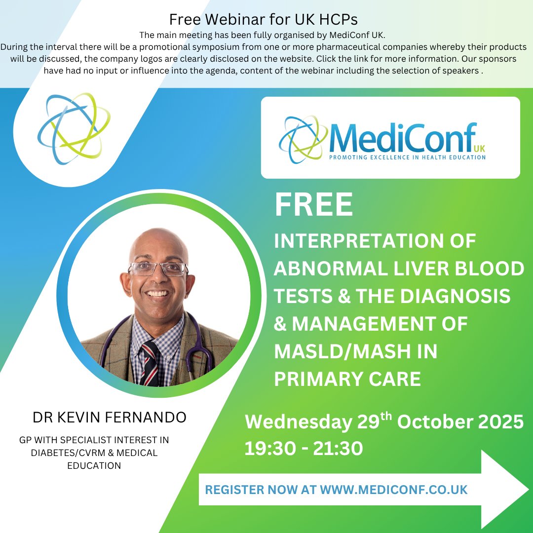 For UK HCPs:

🔔 Our next webinar taking place has over 1,000 registrations. Make sure to secure your place for Interpretation of Abnormal Liver Blood Tests &amp; the Diagnosis &amp; Management of MASLD/MASH in Primary Care with <a href="/drkevinfernando/">Kevin Fernando</a> 

Book your place: mediconf.co.uk/event-details.…