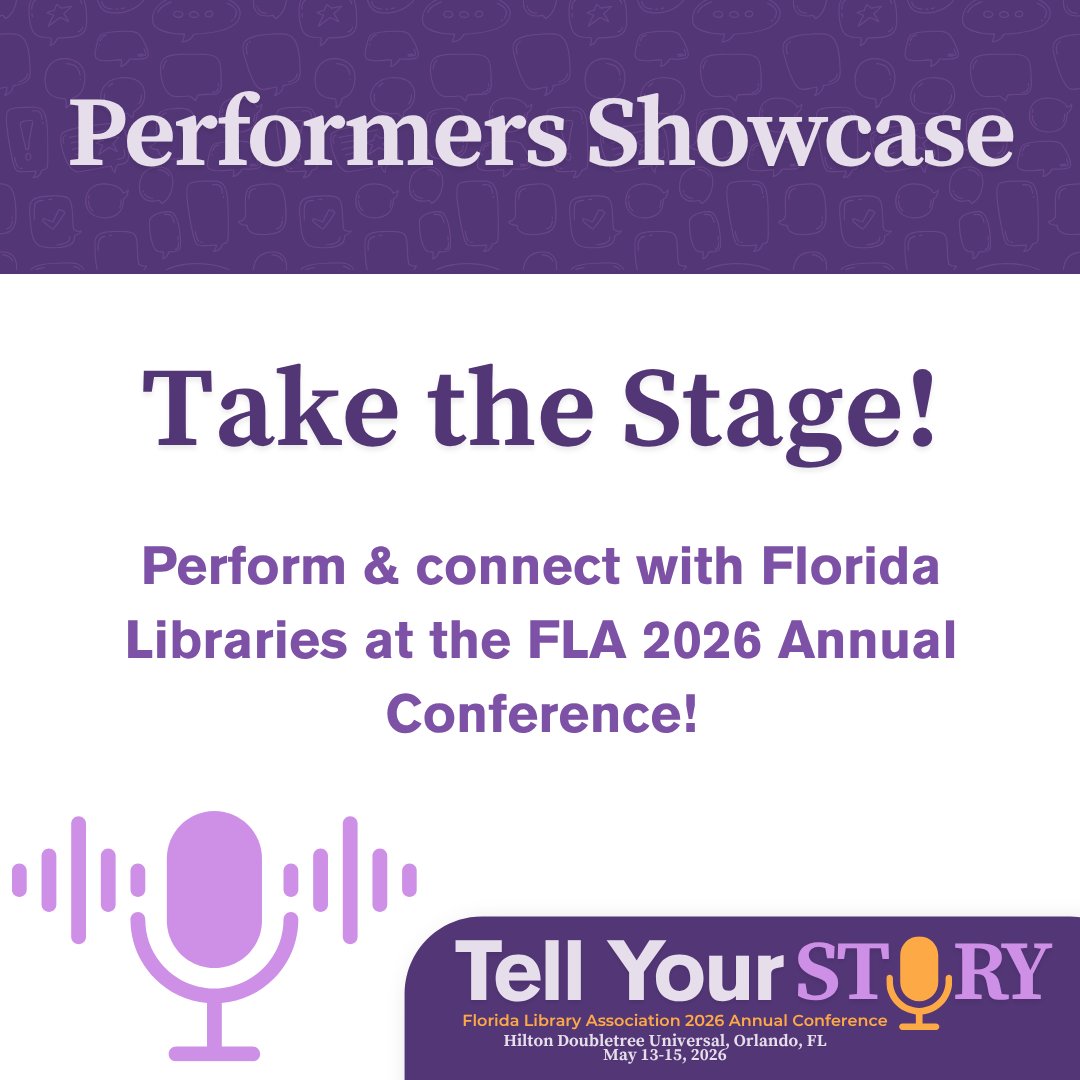 Performers, get ready to take the stage at the 2026 Florida Library Association Annual Conference. Share your talent with library professionals across Florida!
Apply to perform today: loom.ly/-jF-yrk
#FLACON26 #TellYourStory #FloridaLibraries #FloridaPerformers