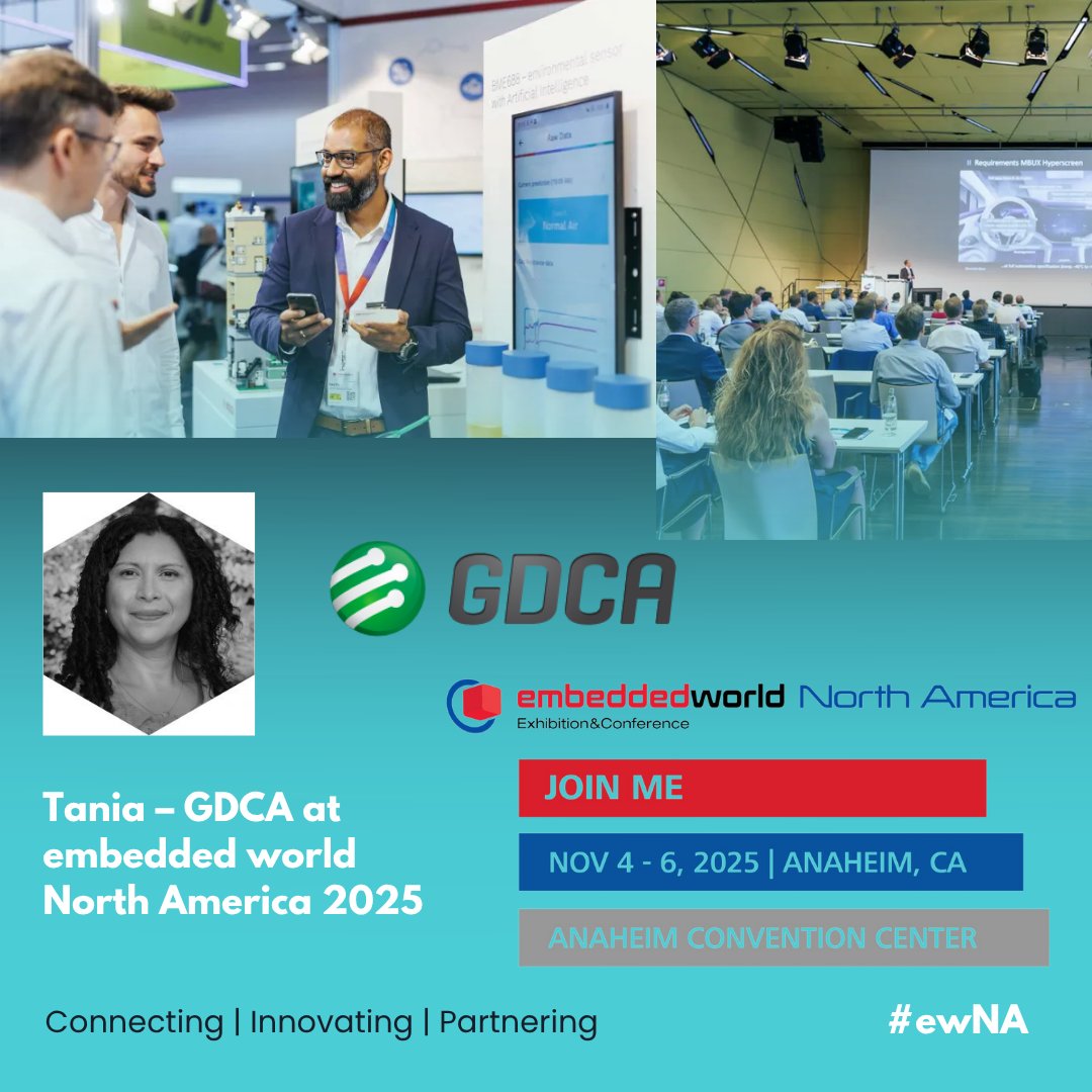 GDCAinc's tweet image. Exciting news—Tania is attending #ewNA Nov 4-6 in Anaheim on behalf of GDCA! Looking forward to meeting fellow embedded-systems innovators and exploring new partnerships. #EmbeddedTech #IoT #GDCA