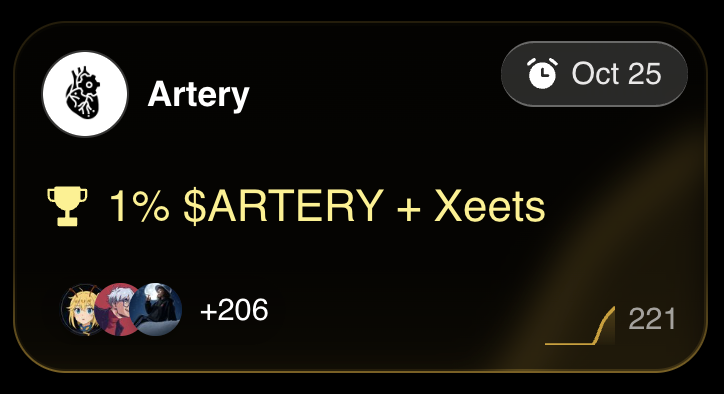 You can get $1200 in just 3 weeks for FREE.

👀XEET just launched <a href="/Artery_Chain/">Artery Chain</a>
 Flash Tournament with 1% of $ARTERY supply.

👀For Top 100 

Alpha Part ↓

This will lasts only 3 weeks means 100% tokens will be in your pocket on 17~18th Nov.

Artery is already doing token sale