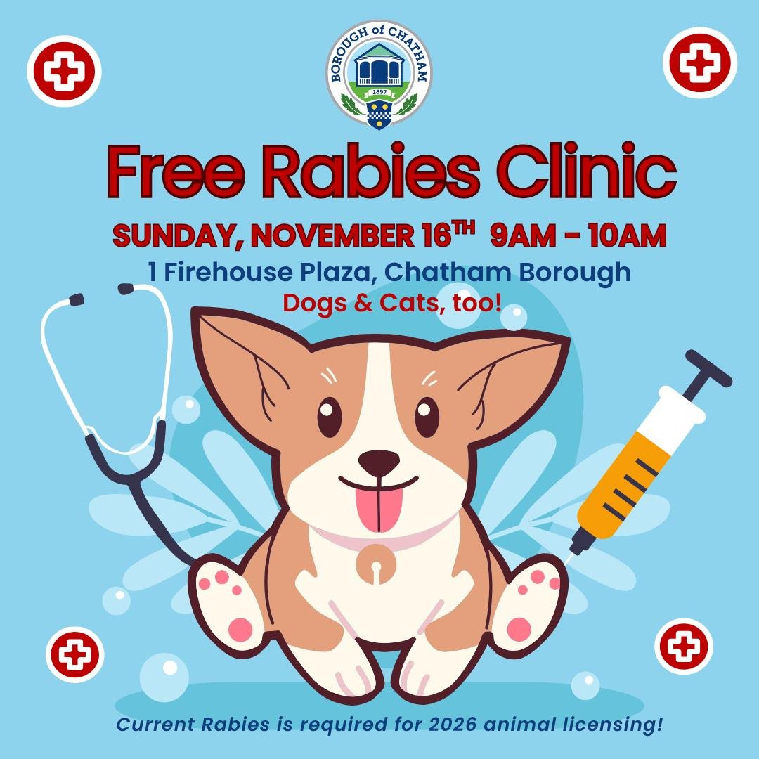 Chatham Borough will hold their Free Rabies Clinic on Sunday, November 16th from 9am - 10am at the Chatham Borough Vol. Fire Dept.  located at One Firehouse Plaza. All dogs &amp; cats must have a rabies vaccination valid through November 1, 2026 to license in 2026!