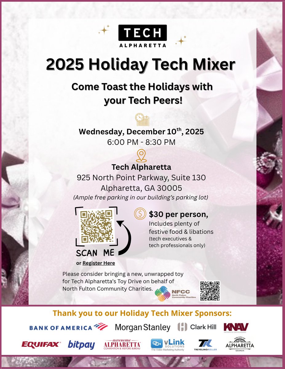 TechAlpharetta's tweet image. You won’t want to miss our 12/10 Annual Tech Mixer! Join us on December 10th to get into the holiday spirit and network with fellow tech experts!

Please consider bringing an unwrapped, new toy for our Holiday Toy Drive. Registration is open: bit.ly/4oizjpq