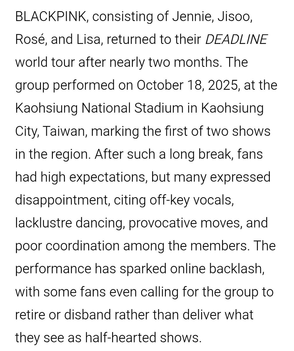 KFloopNet's tweet image. [🚨] Blackpink is criticized in articles after their desynchronization in the recent concerts of their &quot;deadline&quot; tour
