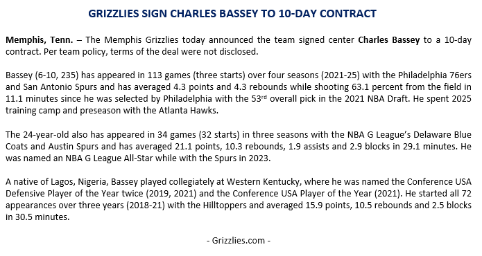 GrizzliesPR's tweet image. The @memgrizz today announced the team signed Charles Bassey to a 10-day contract.