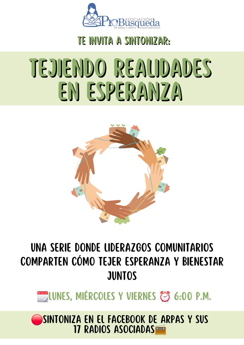 #TejiendoEsperanza|🎙️Hoy <a href="/ProbusquedaSV/">Pro-Búsqueda</a> lanza el primer capítulo de “Tejiendo Realidades en Esperanza”, un espacio donde las comunidades comparten sus acciones por el bienestar familiar, comunitario y nacional.

📻 Escúchanos a las 6:00 p.m. en la 92.1 FM y en nuestro Facebook.