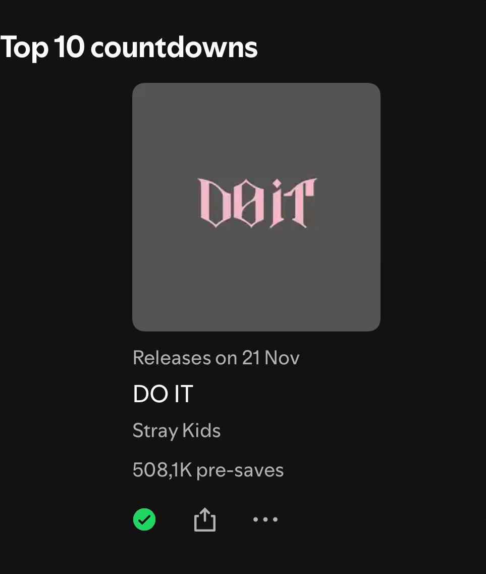 Stray Kids Chart Data (@skzchartdata) on Twitter photo Top 10 Countdowns on Spotify 
#3 "DO IT" —  508.1k (+37.5k) pre-saves 🔥
PRE-SAVE: open.spotify.com/prerelease/6B3…
Release 2025.11.21 (FRI)   
#Do_It #DIVINE  
<a href="/Stray_Kids/">Stray Kids</a> #StrayKids Top 10 Countdowns on Spotify 
#3 "DO IT" —  508.1k (+37.5k) pre-saves 🔥
PRE-SAVE: open.spotify.com/prerelease/6B3…
Release 2025.11.21 (FRI)   
#Do_It #DIVINE  
<a href="/Stray_Kids/">Stray Kids</a> #StrayKids
