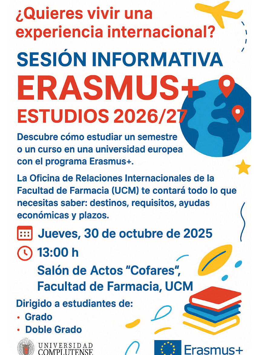¿Te gustaría estudiar en el extranjero🌏?
La <a href="/ffarmaciaUCM/">Facultad Farmacia UCM</a> organiza la sesión informativa #ERASMUS+ Estudios 2026/27✍️
🗓️Jueves, 30 octubre
🕐13:00h
📍Salón de Actos “Cofares”
Si eres estudiante de Grado o DobleGrado, ven y descubre cómo solicitar tu plaza y mucho+
¡Te esperamos!