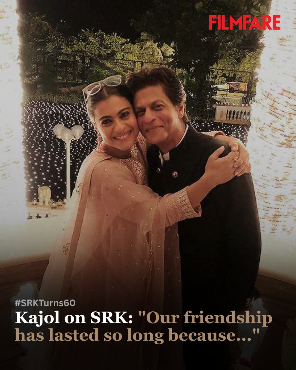 filmfare's tweet photo. Celebrating SRK's 60th with Filmfare! Ft. #Kajol. 🤍

Few friendships in Bollywood are as timeless and pure as that of #ShahRukhKhan and #Kajol. As we near SRK's milestone 60th birthday, here's revisiting Kajol’s heartfelt words about the man behind the magic. 💫

"The nicest part about Shah Rukh is that whenever we meet, there is always so much warmth, so much love. We pick up from we’d left off. There’s no discomfort or awkwardness. Our friendship has lasted so long because of this reason", Kajol shared. 

#Celebs