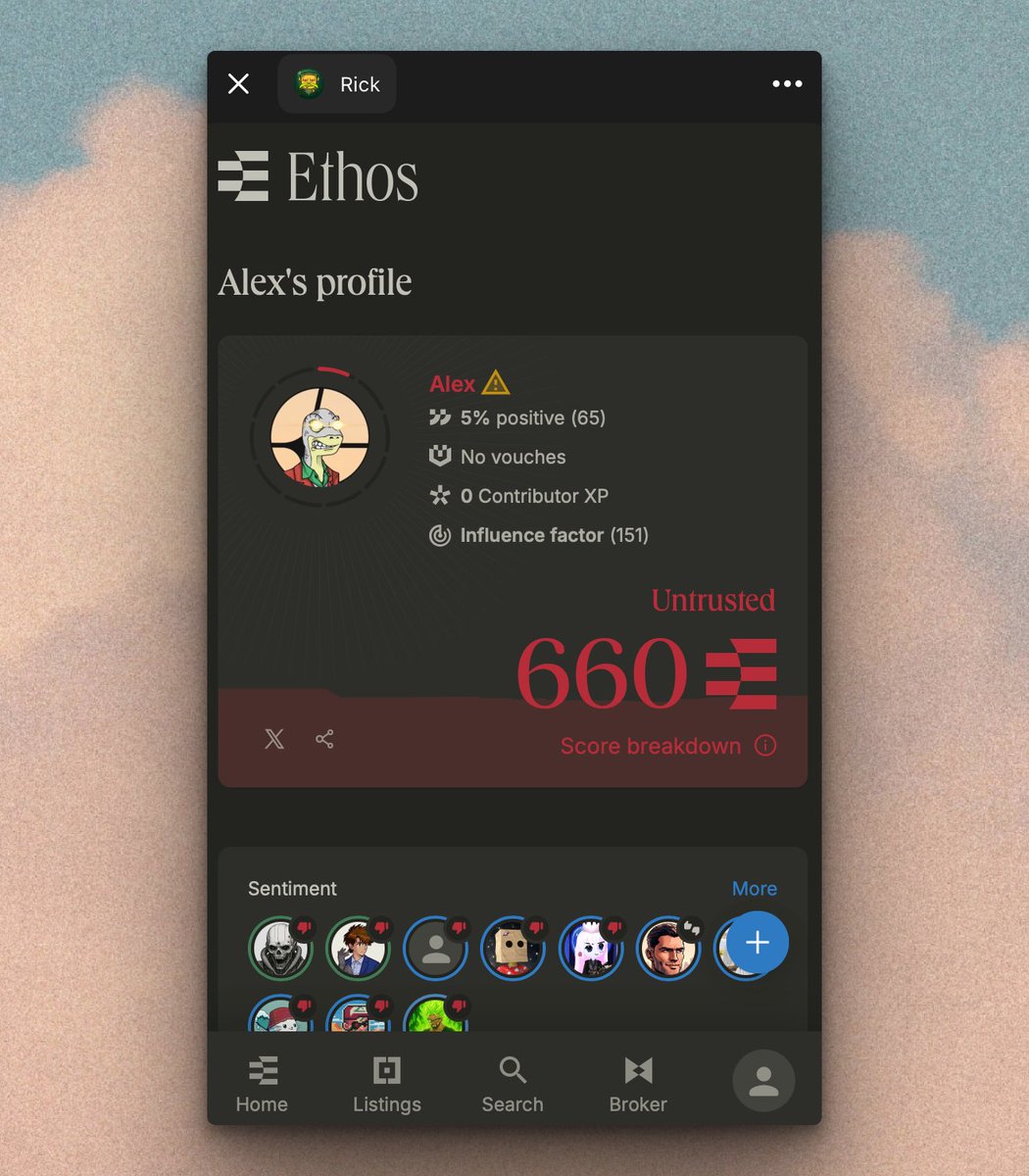 when you need to parse signal from noise in the heat of trenches

just know that Rickbot now shows ethos scores in TG

faster DD too, with a quick link to their profile to read more
