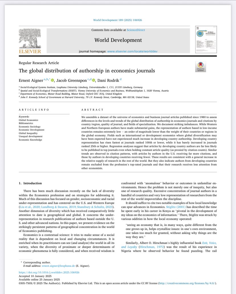 Claudio Ferraz (@claudferraz) on Twitter photo I am seeing tons of people react to this and say “Look at the AER, QJE” tons of papers with data from developing countries. I did my first 13 years as an academic in Brazil, of course it’s possible to publish good work from the periphery, but it’s SO MUCH HARDER, you have no idea I am seeing tons of people react to this and say “Look at the AER, QJE” tons of papers with data from developing countries. I did my first 13 years as an academic in Brazil, of course it’s possible to publish good work from the periphery, but it’s SO MUCH HARDER, you have no idea