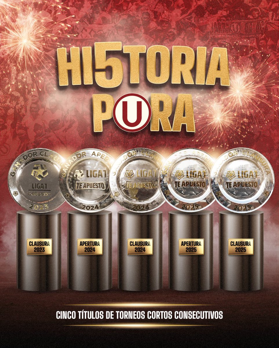 𝗘𝗟 𝗗𝗘𝗕𝗔𝗧𝗘 𝗬𝗔 𝗡𝗢 𝗘𝗫𝗜𝗦𝗧𝗘 𝗠𝗔́𝗦 😎🤩

Universitario es el primer equipo en la historia del fútbol peruano en ganar 5 torneos cortos de forma consecutiva.

¡Por historia, superiores; por títulos, los mejores!

#TricampeUnes
#UnTriConGarra