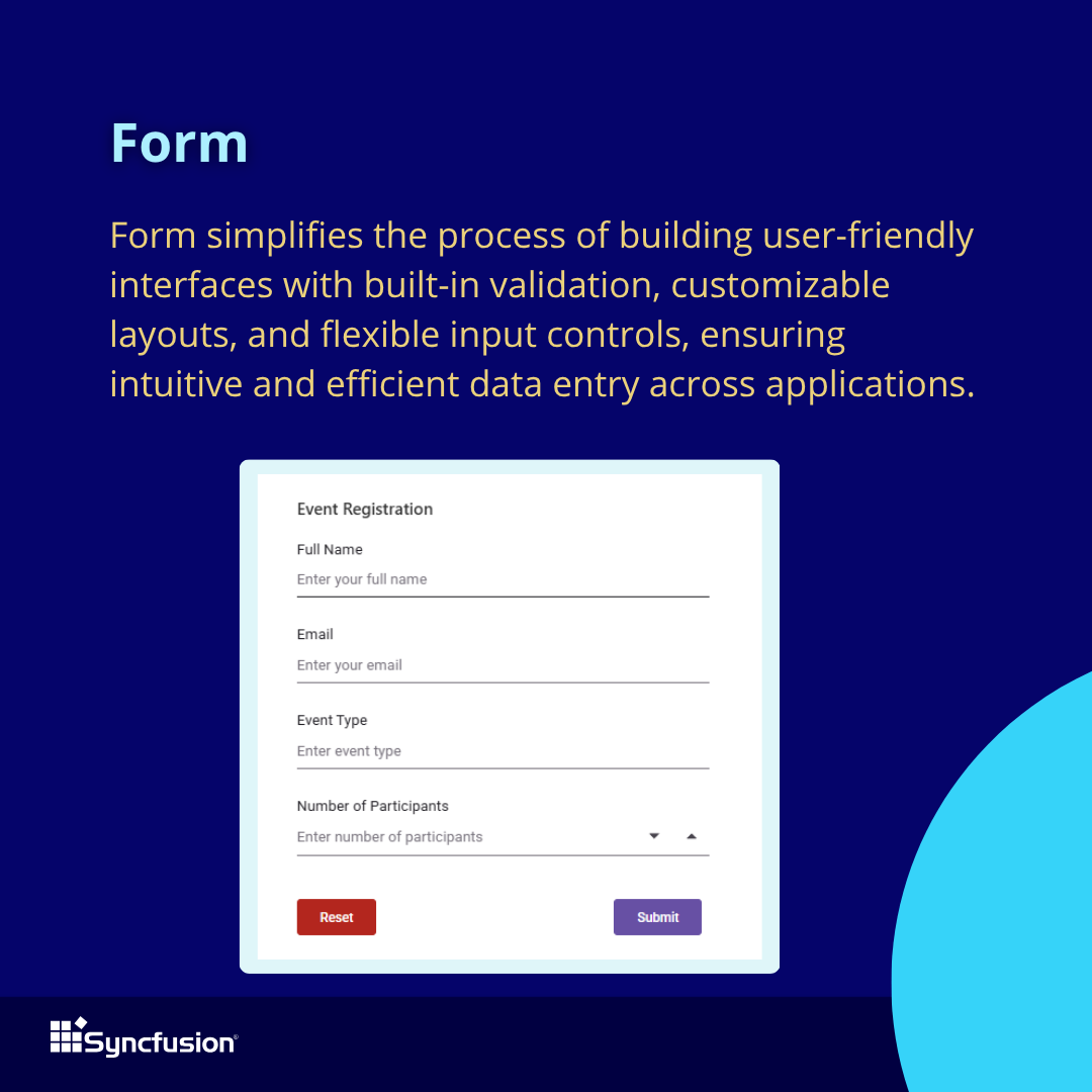 Syncfusion's tweet image. Form
Effortlessly build interactive forms with built-in validation, flexible layouts, and customizable input controls—designed for smooth and user-friendly data entry.
➡️ Next: Dialog 👇
#React #Forms #UIComponent
(5/7)