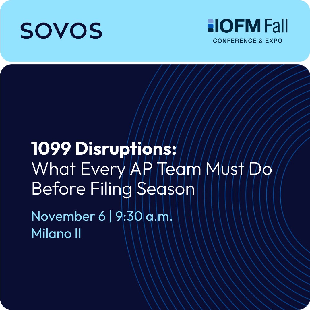 SovosCompliance's tweet image. 👀 Big changes are coming to 1099 reporting.
John Kreger will be joining the IOFM Fall panel to share how AP teams can prepare for new thresholds, platforms and audit risks.
Don’t miss it! Register here: ow.ly/l0VG50Xf92J #IOFMFall #APLeadership #IRSModernization